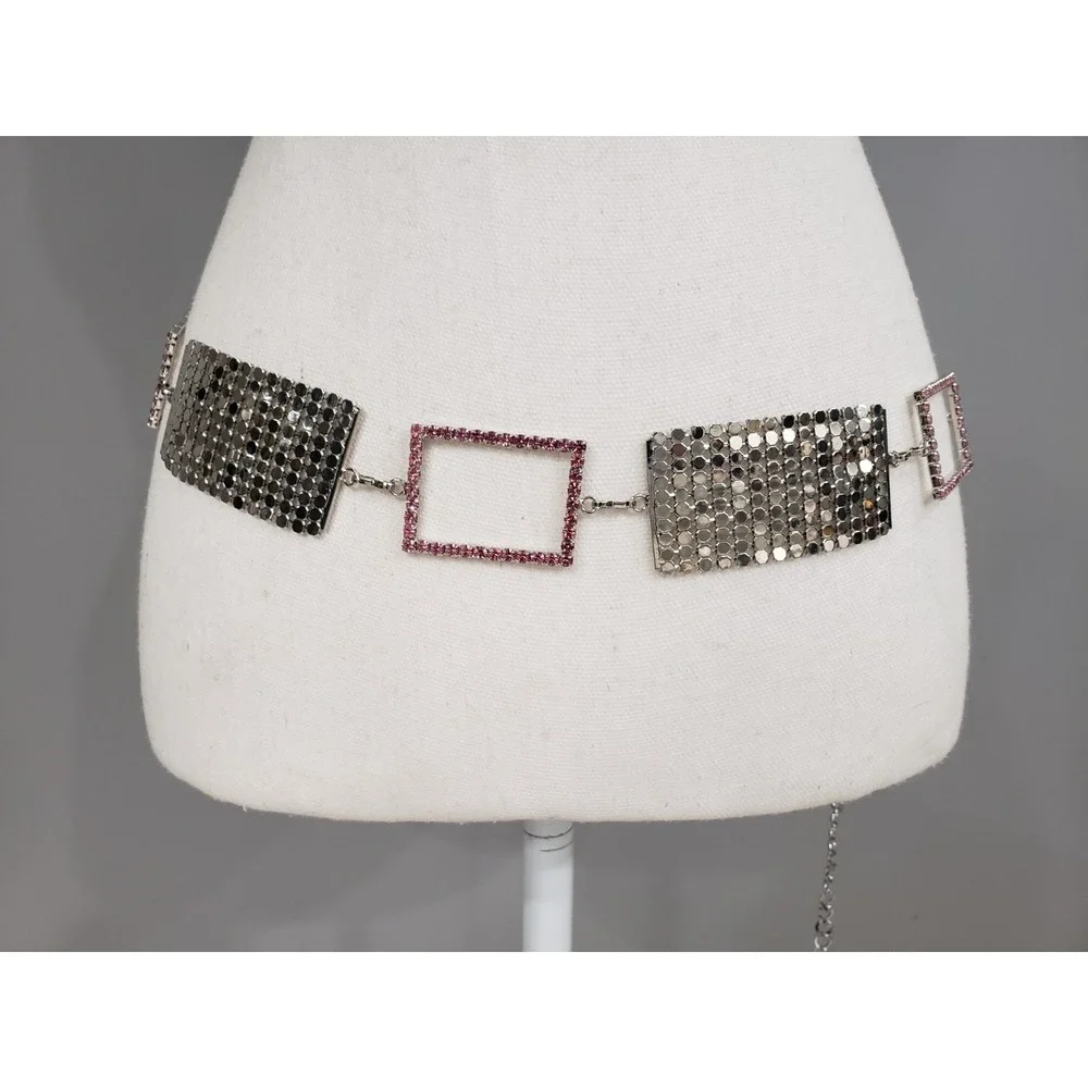 Vintage Rhinestone hipster belt PINK silver y2k 80s 90s bratz belly waist chain